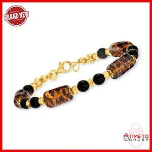 Italian Murano Glass Bead Bracelet 7in 18kt Gold Over Sterling Silver